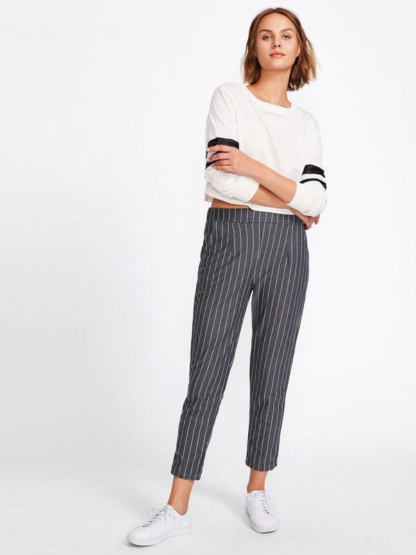 Formal Grey Pinstriped Capri Elastic Waist Pants - Ships in 24 hrs