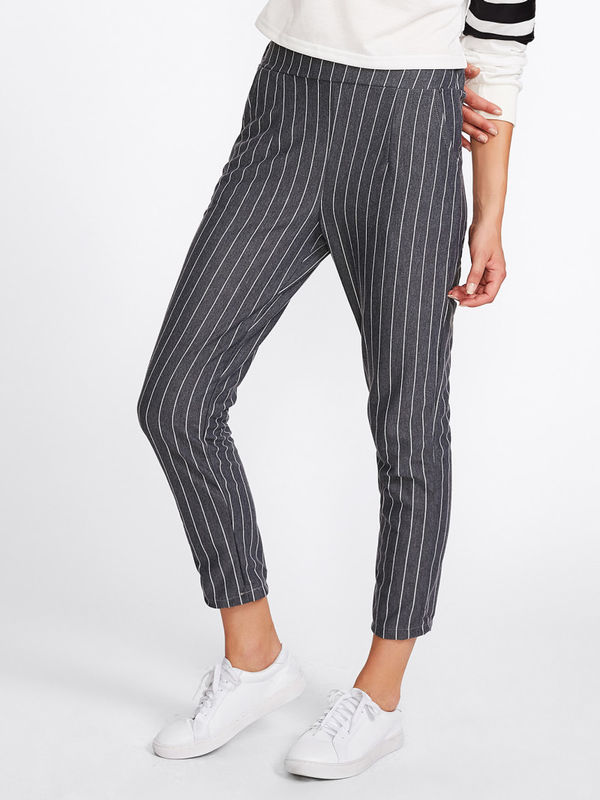 Formal Grey Pinstriped Capri Elastic Waist Pants - Ships in 24 hrs