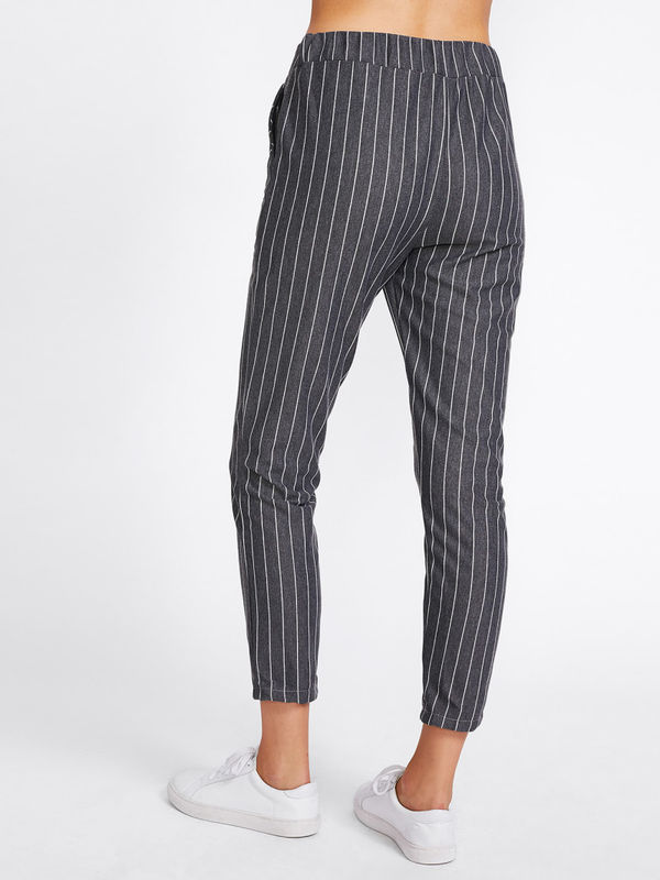 Formal Grey Pinstriped Capri Elastic Waist Pants - Ships in 24 hrs