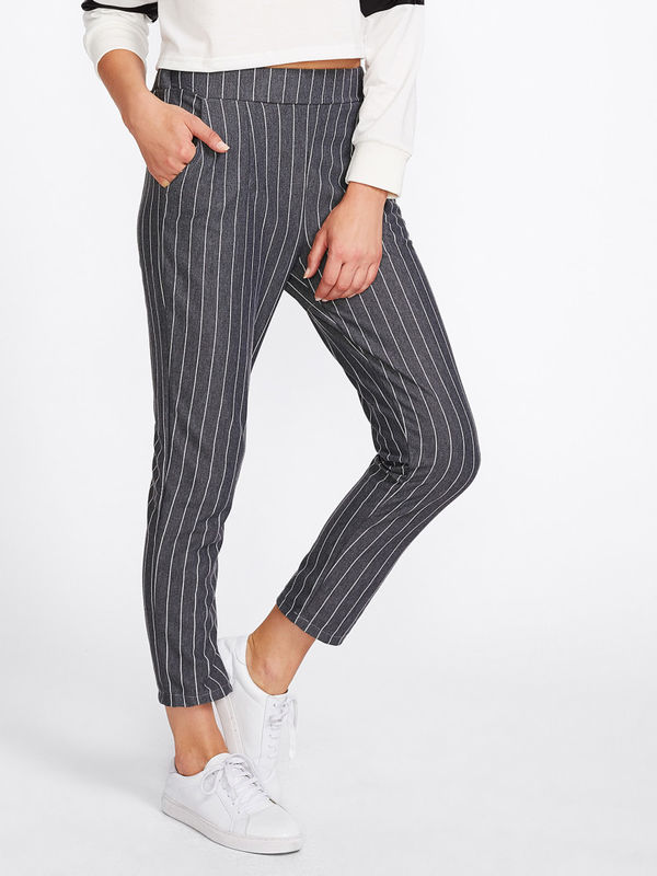Formal Grey Pinstriped Capri Elastic Waist Pants - Ships in 24 hrs