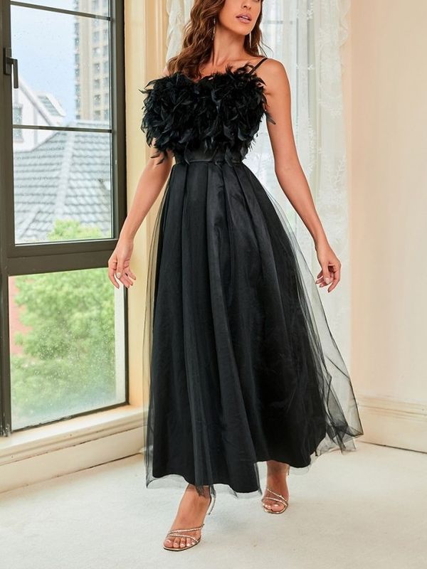 Party Fashion Feather Patchwork Evening Maxi Dress