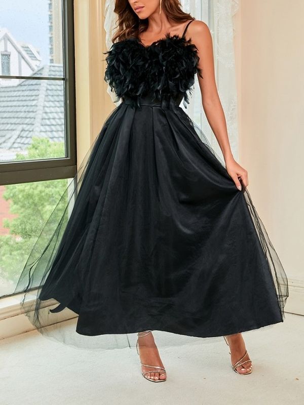 Party Fashion Feather Patchwork Evening Maxi Dress