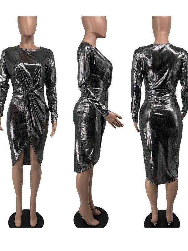 Popular Ruched Slit Long Sleeve Party Dress