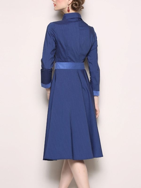 Subtle Contrast Button Style Single-breasted Turndown Collar A Line Dress - Ships in 24 hrs
