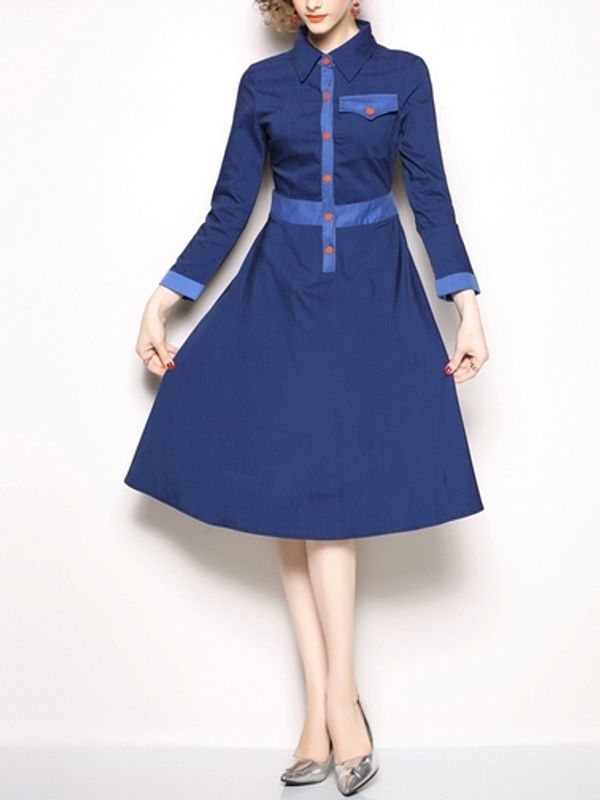 Subtle Contrast Button Style Single-breasted Turndown Collar A Line Dress - Ships in 24 hrs