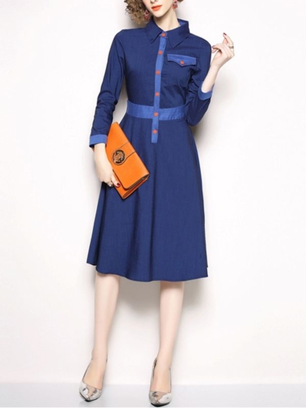 Subtle Contrast Button Style Single-breasted Turndown Collar A Line Dress - Ships in 24 hrs