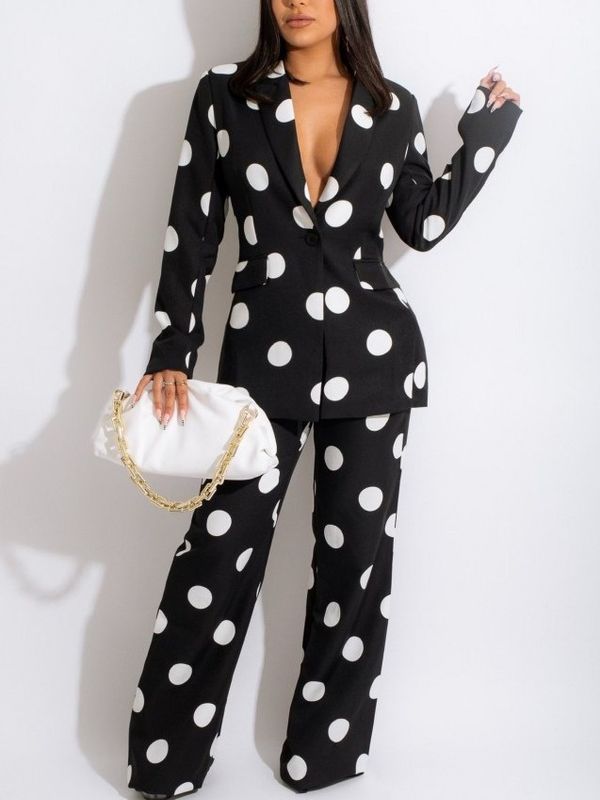 Splendid Dot Print Blazer And Pants Black Suit Set - Ships in 24 Hrs
