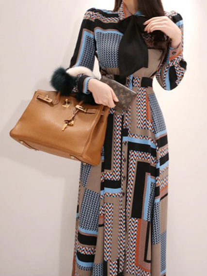 Beautiful Long Sleeve Printed Maxi Dress - Ships in 24 Hrs