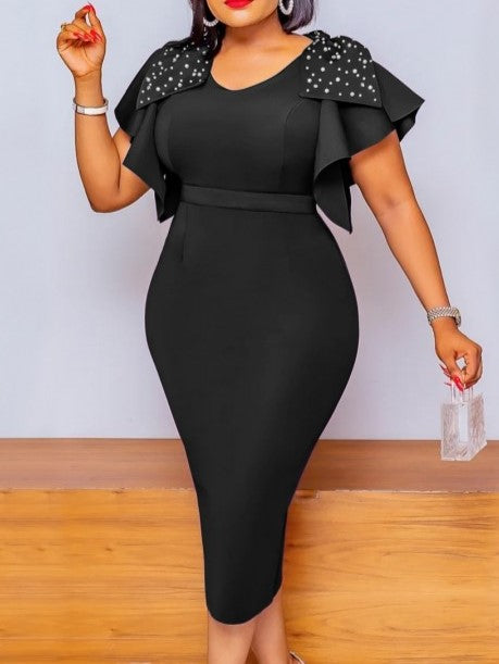 Beautiful Pearl Decor Ruffled Sleeve Black Dress