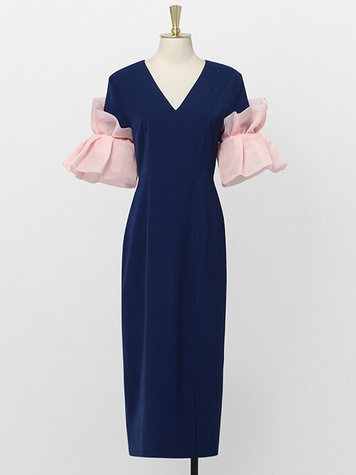 Beautiful V Neck Deep Blue Split Dress