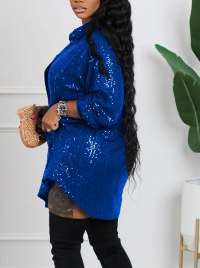 Casual Loose Fit Long Sleeve Sequined Blue Short Dress