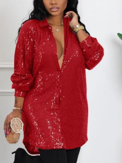 Casual Loose Fit Long Sleeve Sequined Red Short Dress