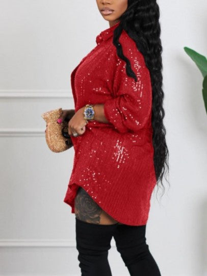 Casual Loose Fit Long Sleeve Sequined Red Short Dress