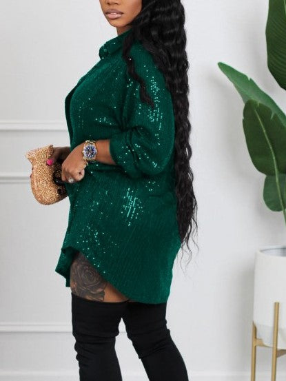 Casual Loose Fit Long Sleeve Sequined Green Short Dress