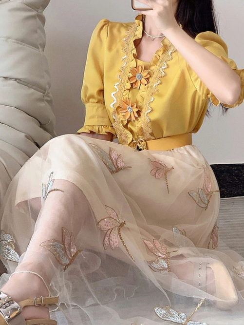 Classy Floral Top With Embroidery Skirt Set