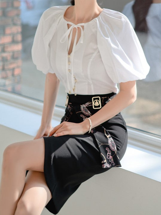 Classy Puff Sleeve Top With Black Skirt Set