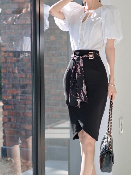 Classy Puff Sleeve Top With Black Skirt Set