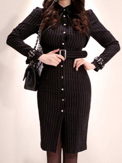 Corporate Fashion Striped Single Breasted Black Bodycon Pencil Dress