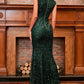 Designer Sleeveless Sequined Green Evening Maxi Dress