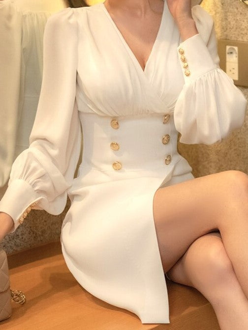 Elegant Fashion Button Decor Pencil White Bodycon Dress