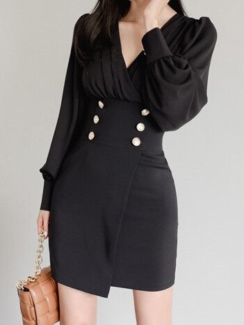 Elegant Fashion Button Decor Pencil Black Bodycon Dress - Ships in 24 Hrs