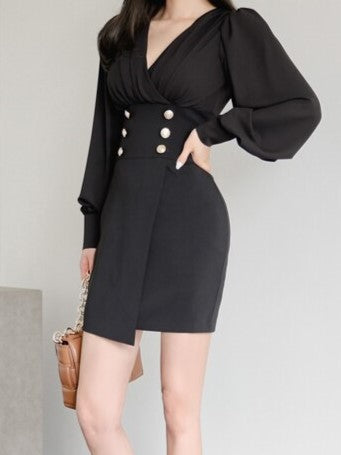Elegant Fashion Button Decor Pencil Black Bodycon Dress - Ships in 24 Hrs