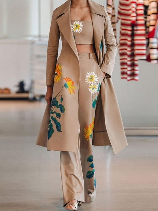 Exclusive Flower Print Long Coat Three Pieces Khaki Pant Set