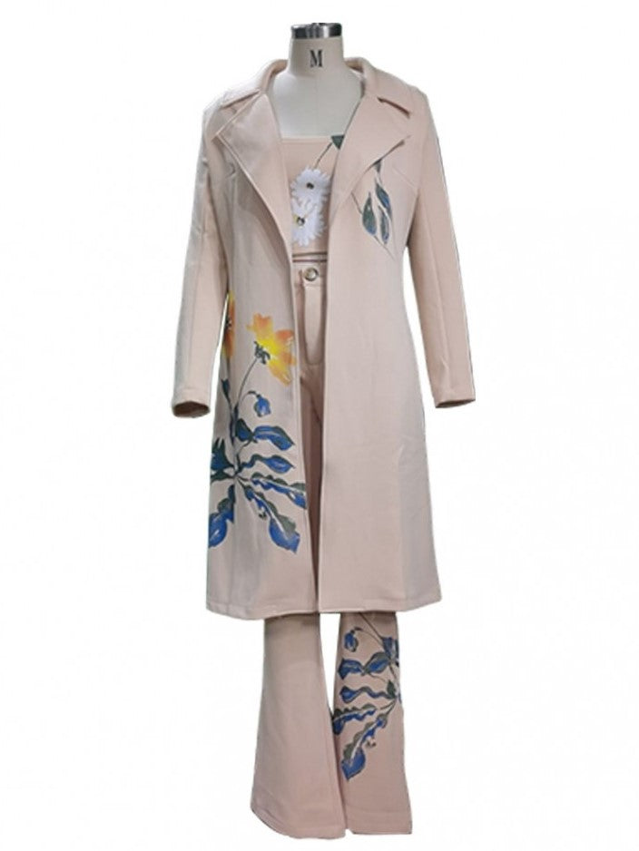 Exclusive Flower Print Long Coat Three Pieces Khaki Pant Set