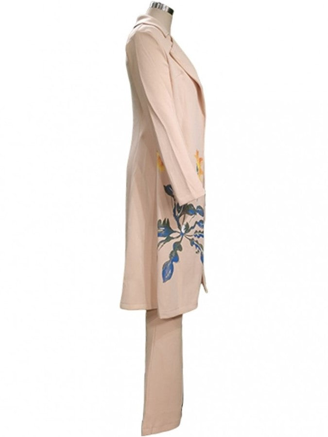 Exclusive Flower Print Long Coat Three Pieces Khaki Pant Set