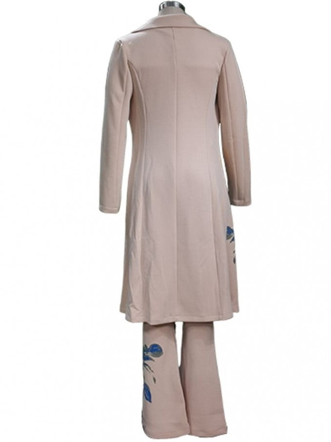 Exclusive Flower Print Long Coat Three Pieces Khaki Pant Set