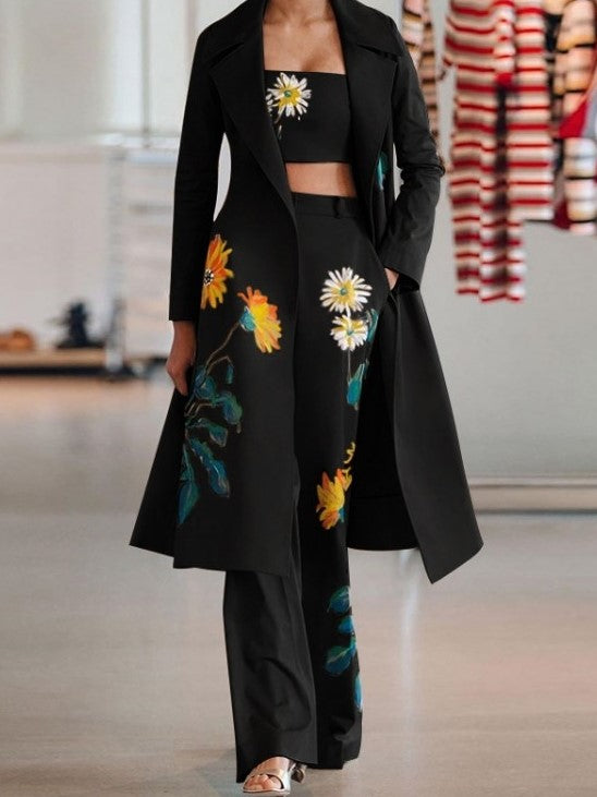 Exclusive Flower Print Long Coat Three Pieces Black Pant Set