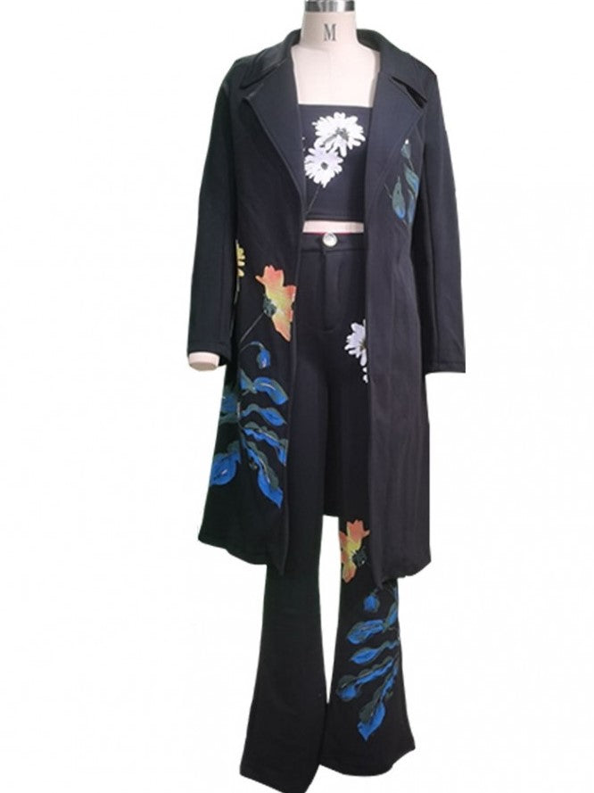 Exclusive Flower Print Long Coat Three Pieces Black Pant Set