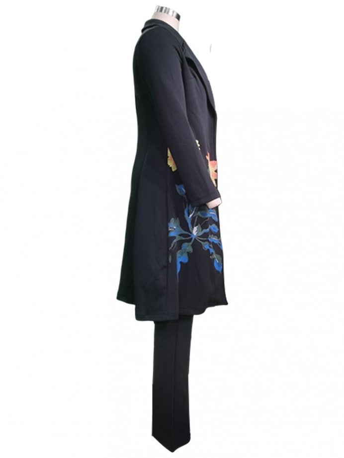 Exclusive Flower Print Long Coat Three Pieces Black Pant Set