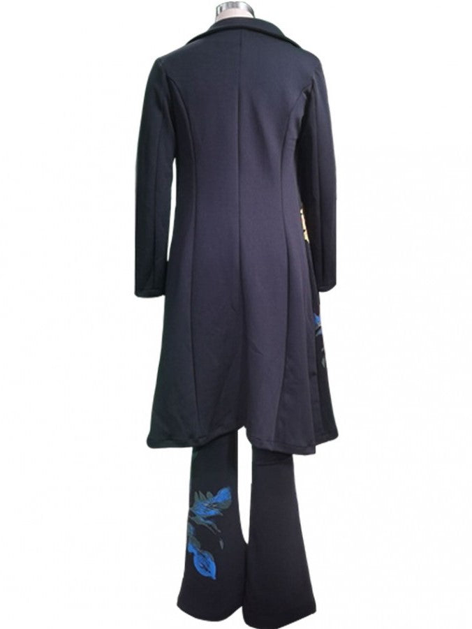 Exclusive Flower Print Long Coat Three Pieces Black Pant Set