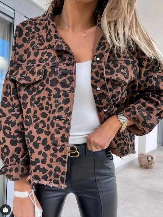 Fashionable Leopard Print Brown Denim Jacket