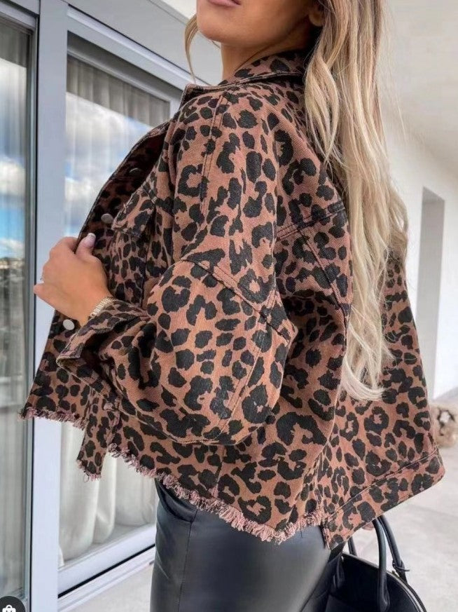 Fashionable Leopard Print Brown Denim Jacket