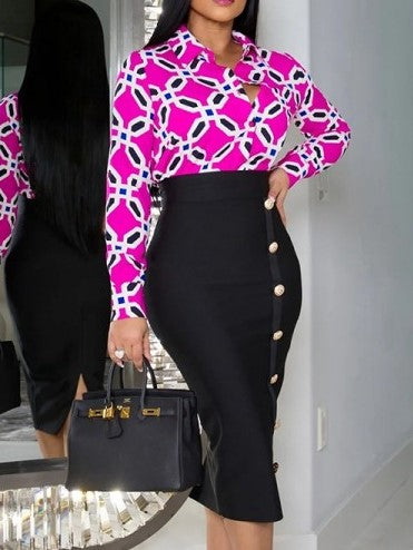 Fashionable Printed Shirt With Black Skirt Set