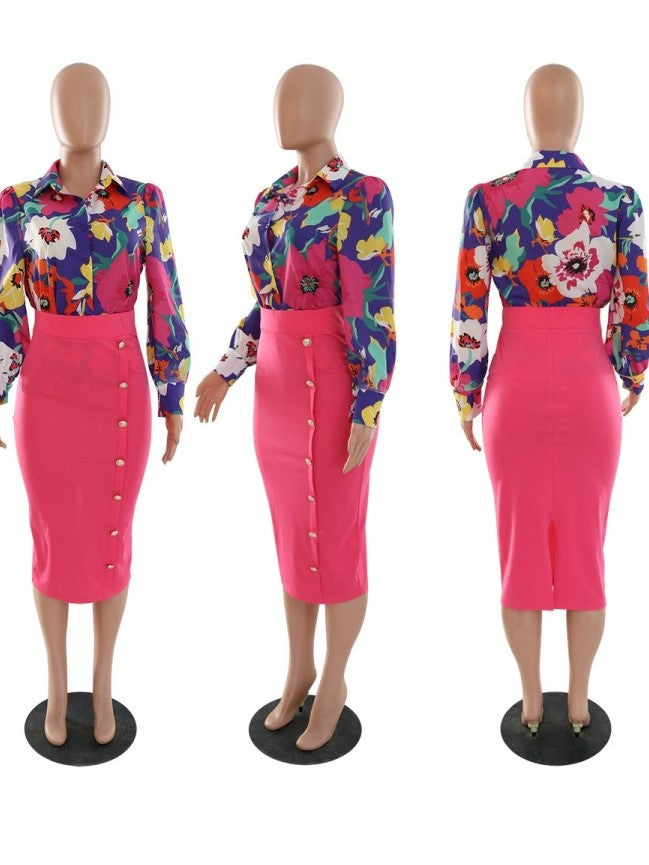 Fashionable Printed Shirt With Skirt Set