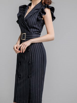 Formal Fashion Striped Black Sleeveless Dress - Ships in 24 Hrs