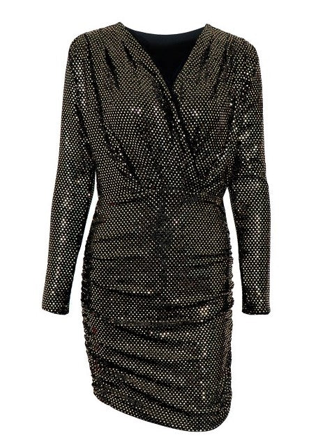 Hot Ruched Long Sleeve V Neck Black Sequin Dress