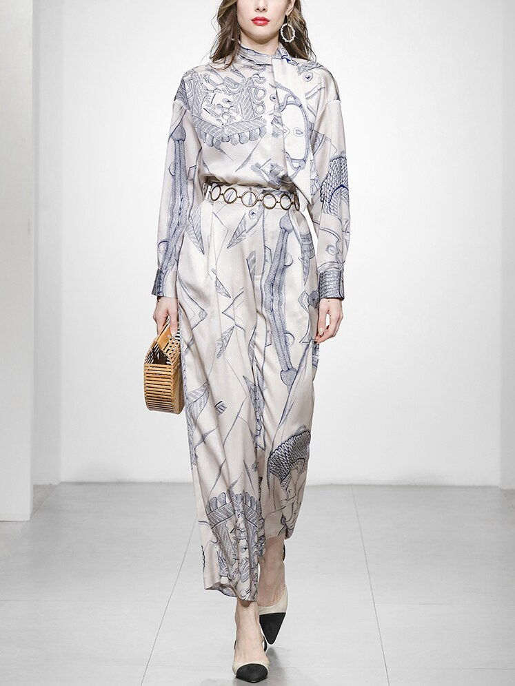 Modern Office Wear Printed Long Sleeve Top With Pants Set