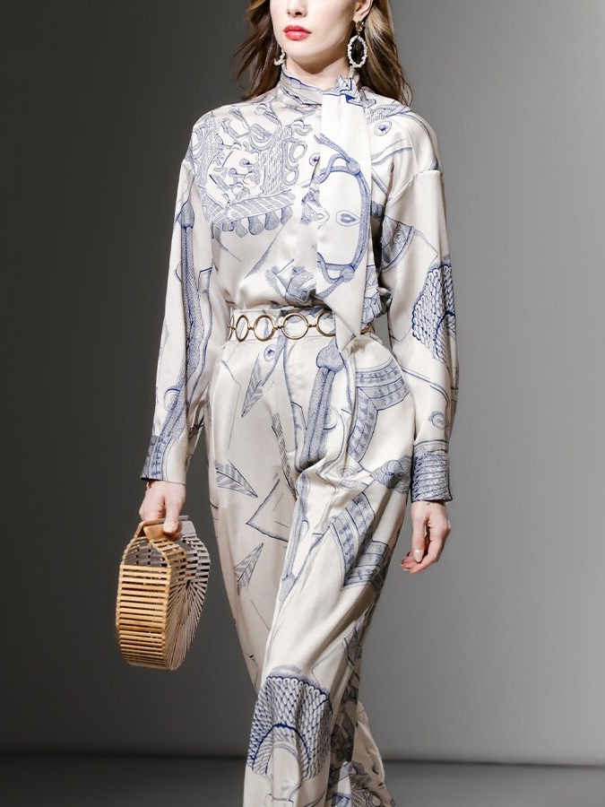 Modern Office Wear Printed Long Sleeve Top With Pants Set