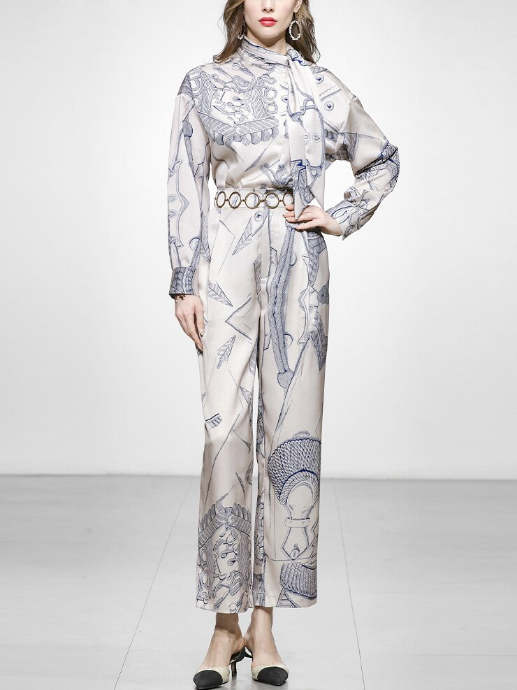 Modern Office Wear Printed Long Sleeve Top With Pants Set