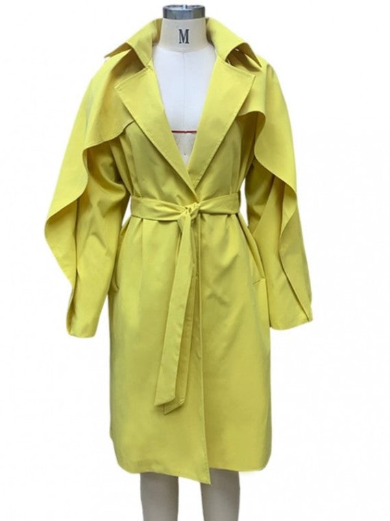 Modern Ruffles Long Sleeve Yellow Trench Coat