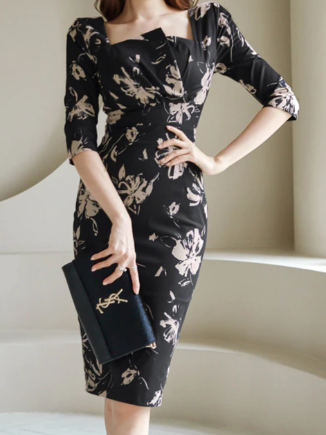 New Arrival Knee Length Printed Black Pencil Dress – Stylesplash