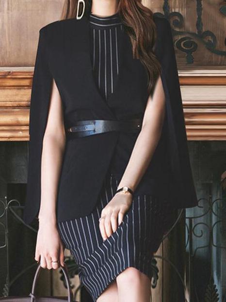Powerful Office Cloak Jacket With Striped Dress Set