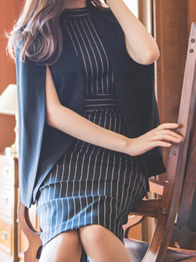 Powerful Office Cloak Jacket With Striped Dress Set
