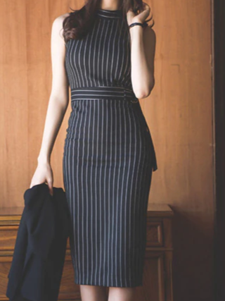 Powerful Office Cloak Jacket With Striped Dress Set