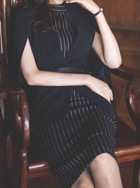 Powerful Office Cloak Jacket With Striped Dress Set