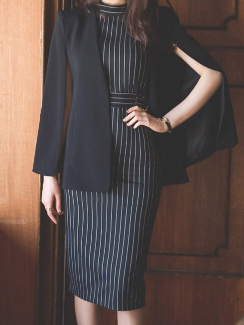Powerful Office Cloak Jacket With Striped Dress Set